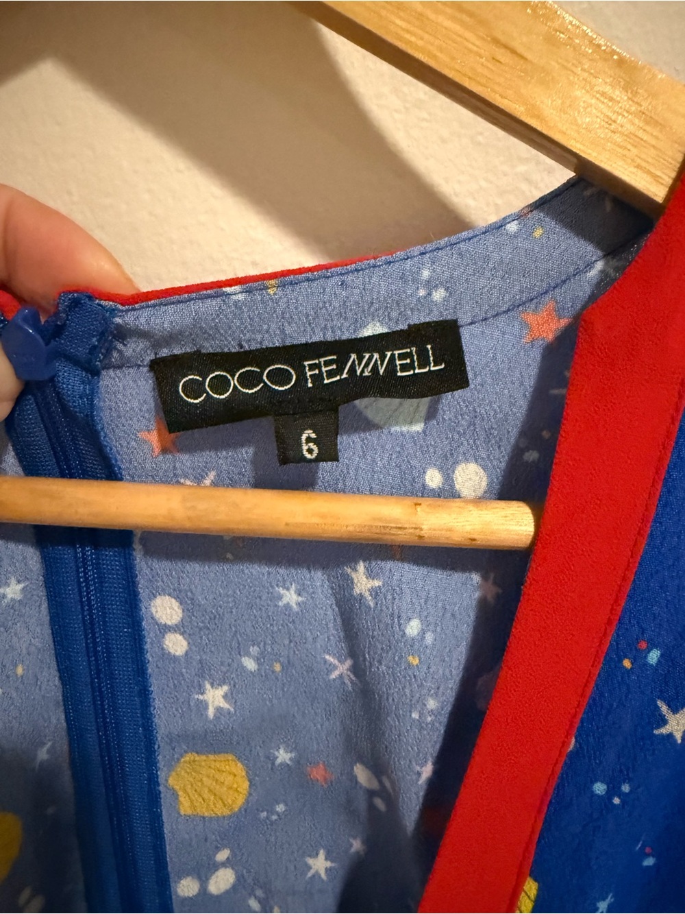 Coco Fennell Sea Shell Dirndl Midi Dress Blue Red Trim 6 Vintage Inspired - Picture 6 of 9